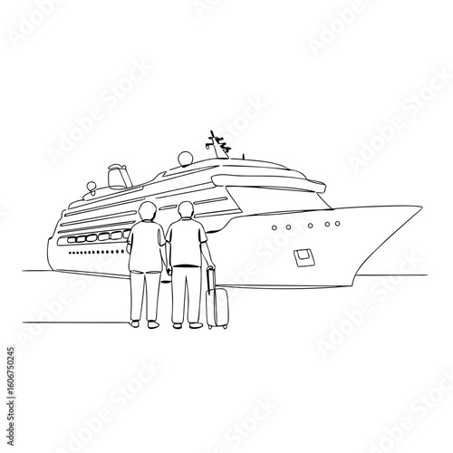 Elderly couple standing with suitcase in front of cruise ship  