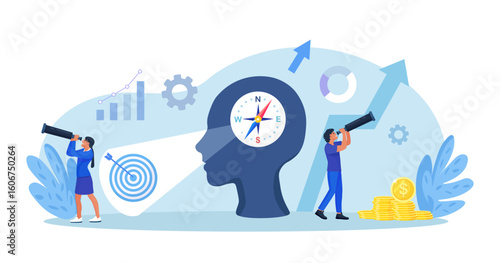 Businessman using compass for navigation and orientation in business. People with binocular finding investment opportunity. Leadership or visionary. Make decision for business direction
