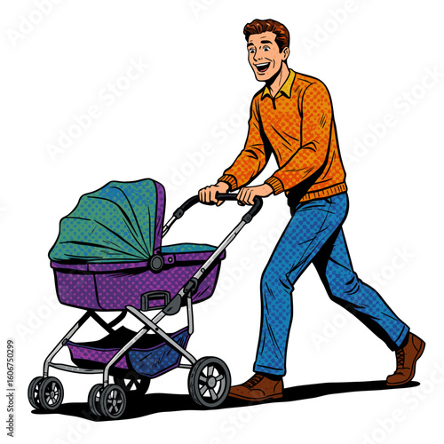 Happy man pushing stroller while walking in urban setting  