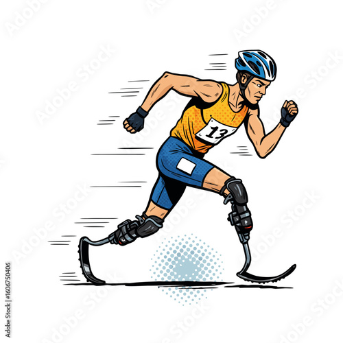Disabled athlete running with prosthetic legs in a dynamic pose  