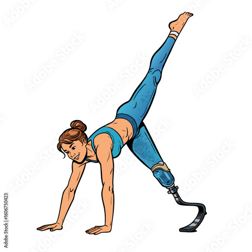 Disabled woman practicing yoga with prosthetic leg in modern style  