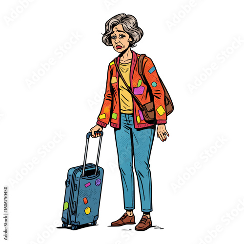 Disappointed elderly woman standing with suitcase in bright clothing  