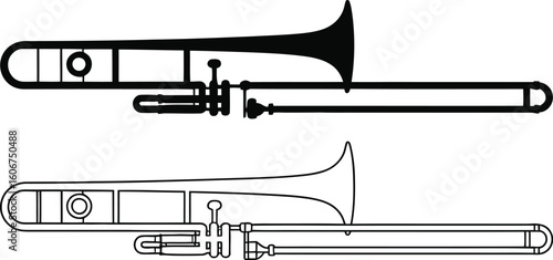 Black and white illustration of a trombone with slide and bell