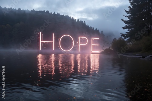 Glowing neon word hope illuminated on a calm lake reflecting in the water at dusk