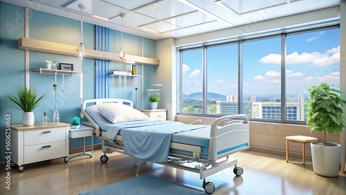 Modern hospital room with a comfortable bed and large window overlooking a bright city skyline