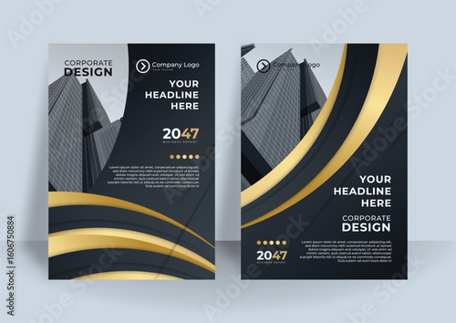 Brochure black gold cover design layout set for business and construction. Abstract geometry with colored corporate vector illustration on background. Good for annual report, industrial catalog design