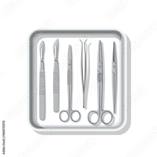 A tray containing an assortment of surgical instruments, including scalpels, scissors, and forceps, arranged neatly.