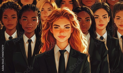 Happy International Womens Day. Group of happy diverse women in suits of different races, Generative AI