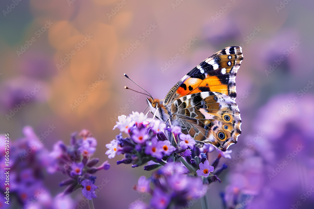 Obraz premium Macro of butterfly resting on purple wildflower