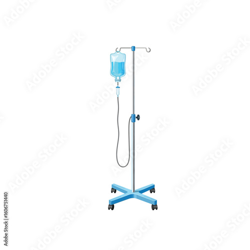 Illustration of an IV drip stand with a bag of blue fluid, used for intravenous therapy.