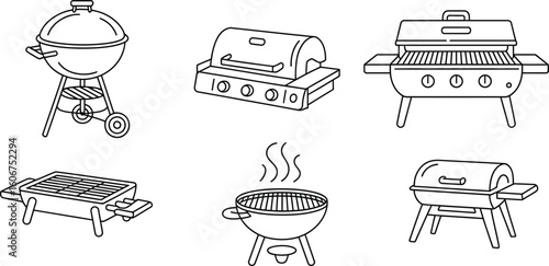 Collection of hand drawn barbecue grill illustrations in black and white