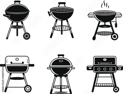Collection of six different barbecue grills and smokers in black and white silhouette style