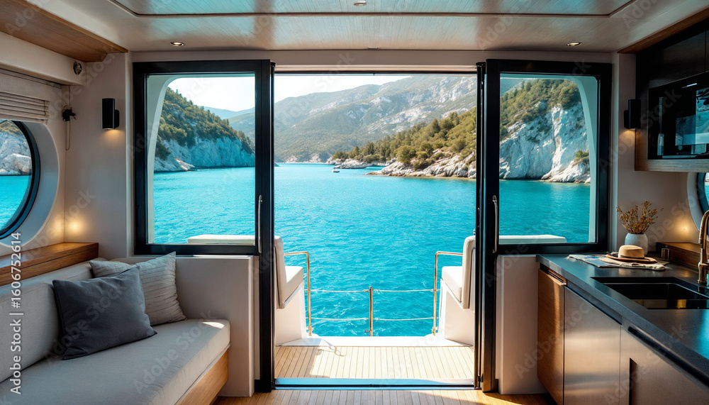 Fototapeta premium Serene modern sailboat cabin overlooking turquoise Mediterranean bay, cozy nautical interior. 