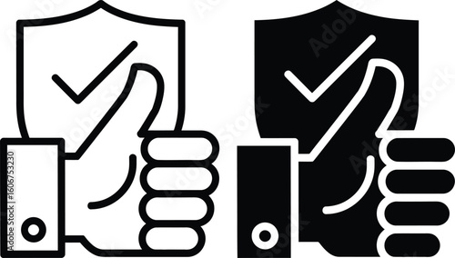 Thumbs up icon with shield and check mark for security and approval