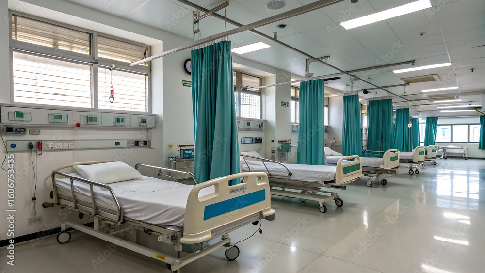 Fototapeta premium Modern hospital ward with multiple beds and medical equipment providing patient care and treatment