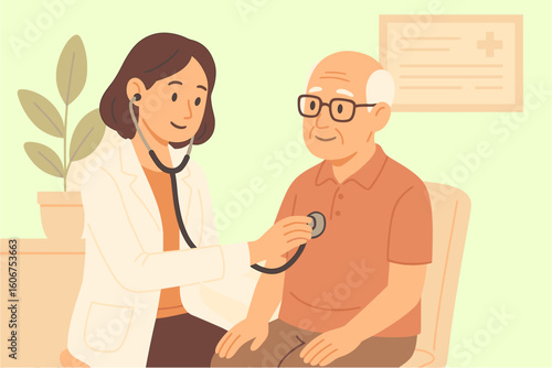 Senior Health Checkup – Doctor Examining Elderly Patient Illustration. Flat vector illustration of a female doctor using a stethoscope to examine an elderly male patient during a routine checkup. The 