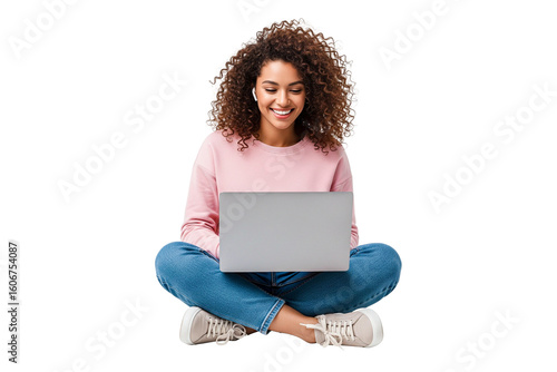young woman sitting and using laptop isolated on white