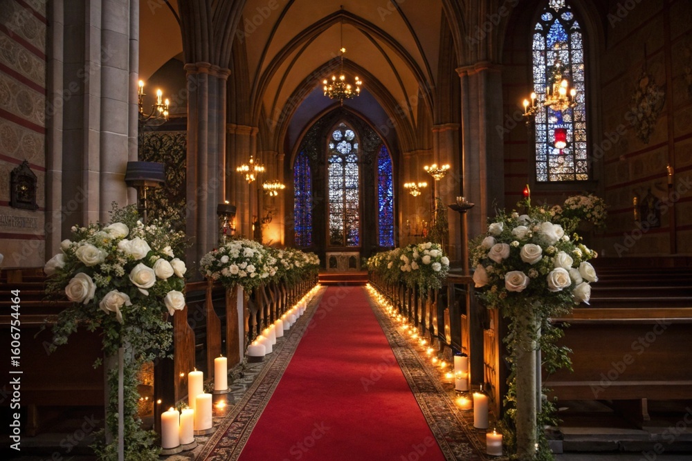 custom made wallpaper toronto digitalGothic church aisle adorned with white roses and candles, leading to a sunlit stained glass window, wedding