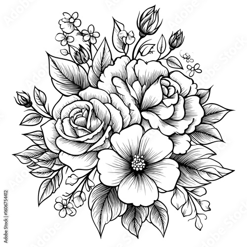 A modern black and white floral set featuring isolated hand-drawn rose flowers with black contours on a white background, ideal for ornate design templates and coloring pages
