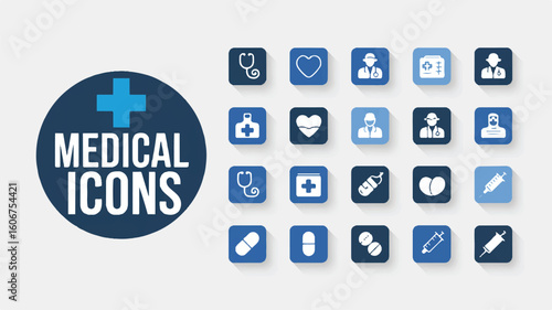 A medical icon set collection arranged in a grid layout on a white background.
