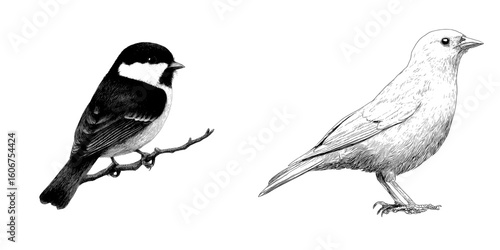 A black tit bird is depicted in a modern hand-drawn sketch isolated on white