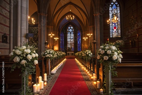 Wallpaper Mural Gothic church aisle adorned with white roses and candles, leading to a sunlit stained glass window, wedding Torontodigital.ca