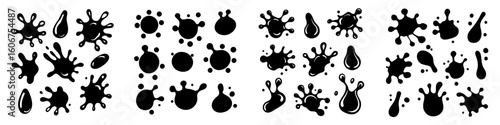 Modern illustration featuring hand drawn black blots isolated on a white background, forming a super set