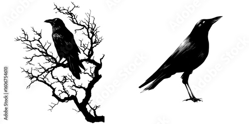 Isolierte Vektor-Illustration einer Silhouette von einem Rabenvogel vor weißem Hintergrund