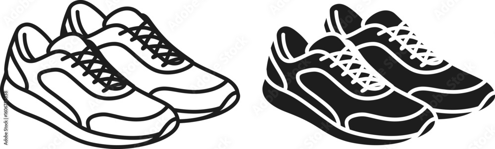 Pair of athletic sneakers in black and white line art style Pair of athletic sneakers in black and white line art style