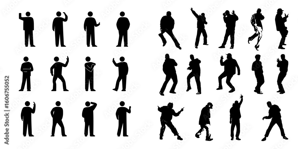 Fototapeta premium A person icon, a pictogram of a human, silhouettes in isolation, a stick figure of a male, various movements of the hand