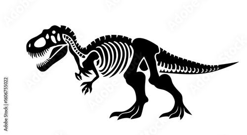The illustration is a negative space silhouette of a T rex dinosaur skeleton