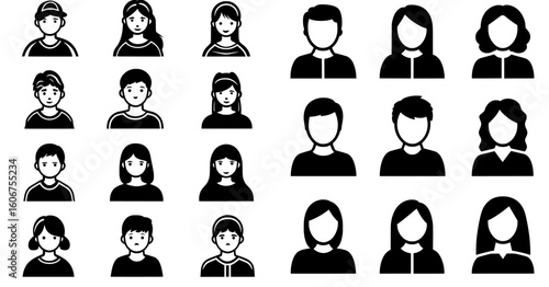 This extensive set includes hand-drawn male and female avatar profile icons, as well as modern flat user avatar icons, signs, and profile people symbols