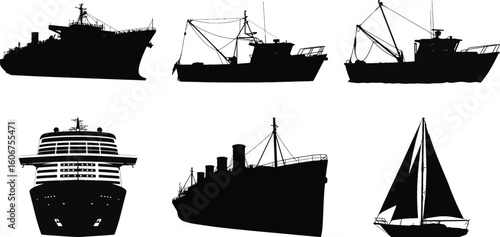 Nautical silhouette vector set with cargo ship, fishing boat, cruise ship, sailboat, and ocean liner for marine and travel design.