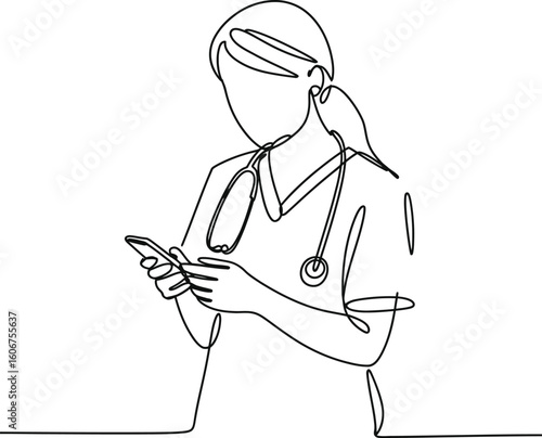Doctor wearing stethoscope looking at mobile phone in continuous line drawing style