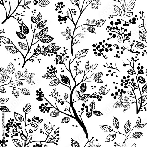 A black and white seamless pattern in a vintage style, comprising floral motifs, tree branches, leaves, and an array of berries and fruits