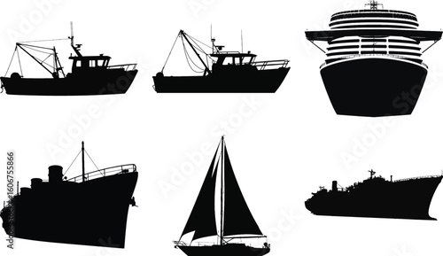 Ship and boat silhouette vector set featuring fishing boat, cruise ship, sailboat, and ocean liner for nautical and marine design.