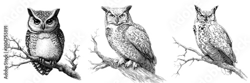 A hand-drawn monochrome sketch of an owl sitting on a branch represents a modern illustration of wildlife, focusing on a bird that inhabits the forest