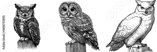 The illustration features a hand-drawn owl perched on a stub in monochrome, symbolizing a modern take on forest wildlife