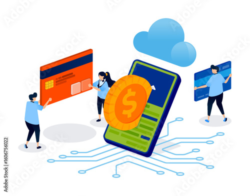 Financial Apps Integrated With Cloud and Network Technology for Smart and Real Time Services. Creative Illustration for Website, Landing Page, Mobile Apps, Startup Flyer, Banner, and Ads Design