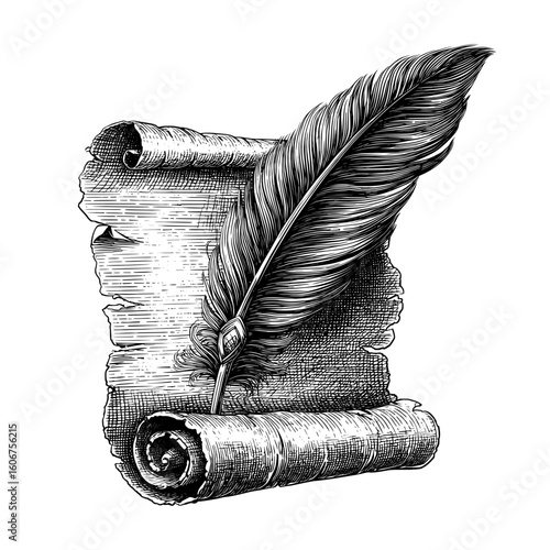 This vintage modern illustration consists of a hand-drawn black and white sketch of old paper, a scroll, and a feather, all isolated on a clean white background