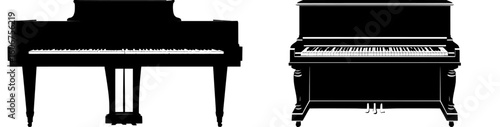 A classical musical instrument, the concert grand piano, sits ready for performance with an empty pianist bench, depicted in black modern outline and silhouette