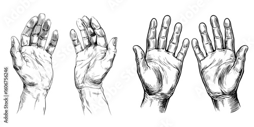 Black and white open hands depicted in a modern doodle sketch illustration