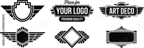 Geometric art deco silhouette vector set with badge, frame, and label for vintage logo, banner, and retro graphic design.