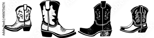 A contemporary hand-drawn illustration of cowboy boots is depicted in a retro style, isolated on a white background, suitable for various design applications