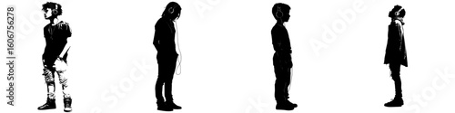 A contemporary teenage figure is shown standing while wearing headphones, all in black, set against a plain white backdrop