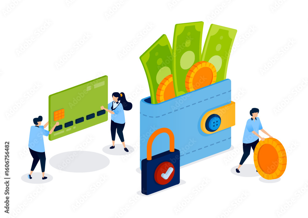 Naklejka premium Wallet Containing Money With Guaranteed Security for Banking Services and Investment Protection. Creative Illustration for Website, Landing Page, Mobile Apps, Startup Flyer, Banner, and Ads Design