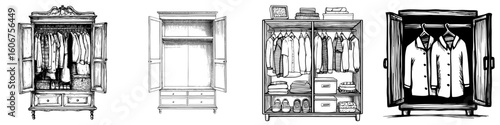 Modern isolated sketch illustration of open wardrobe doors in graphic black and white
