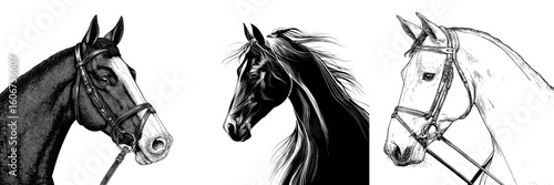 Elegant thoroughbred stallion in black and white, depicted in a modern profile portrait from the side