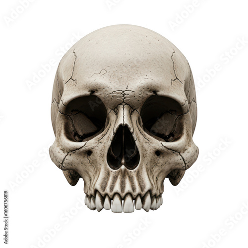 A detailed front view of a human skull with visible cracks and teeth isolated on transparent background