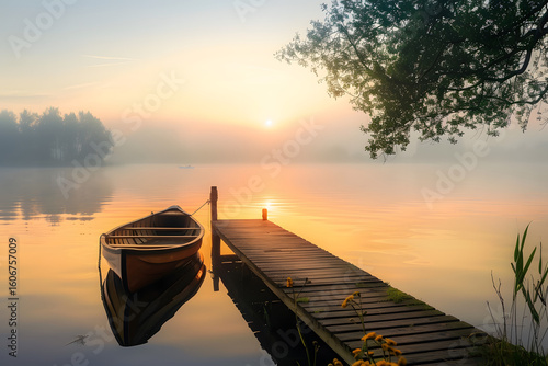 Serene misty lake with single wooden canoe docked